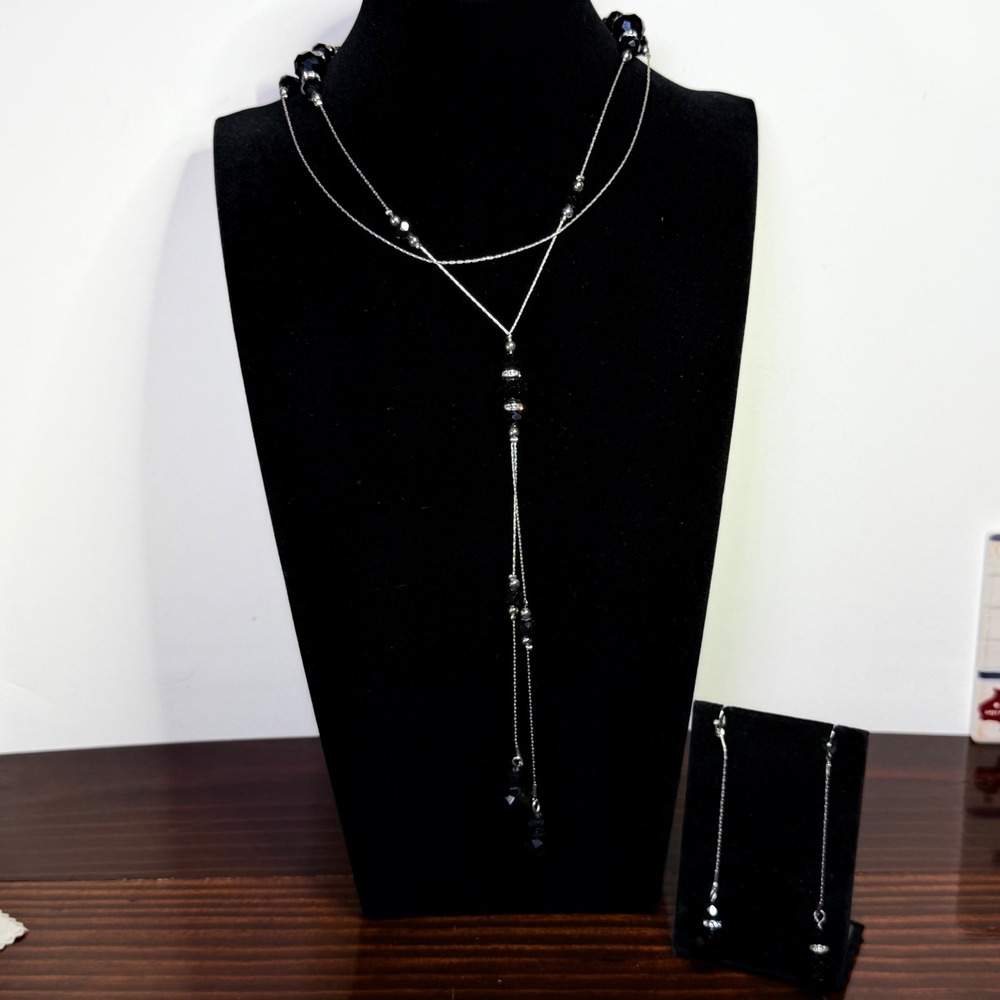 Black Crystal Silver Tone Y-Drop Lariat Necklace and Dangle Earring Jewelry Set